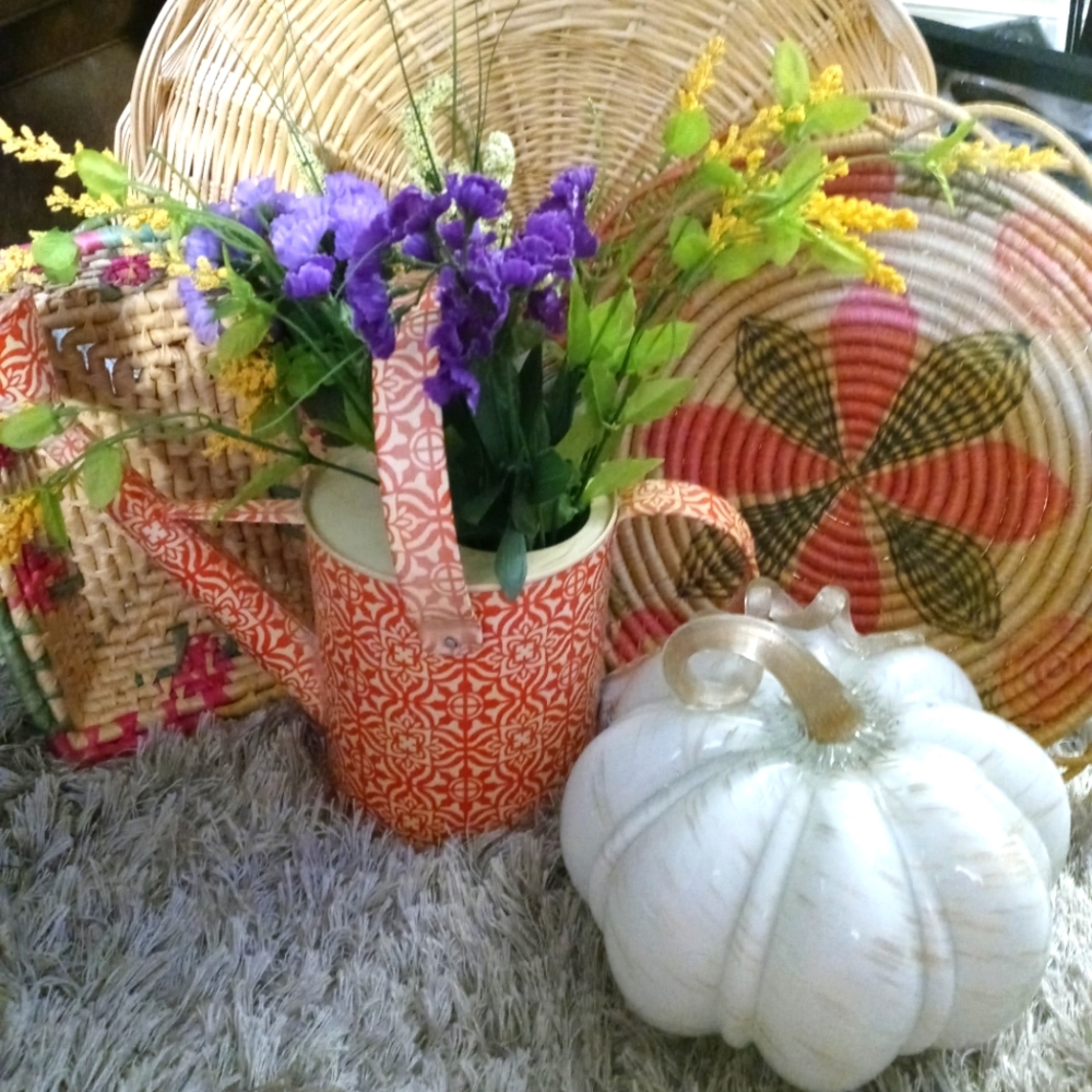 Boho Basket Grouping with watering can, flowers and glass pumpkin